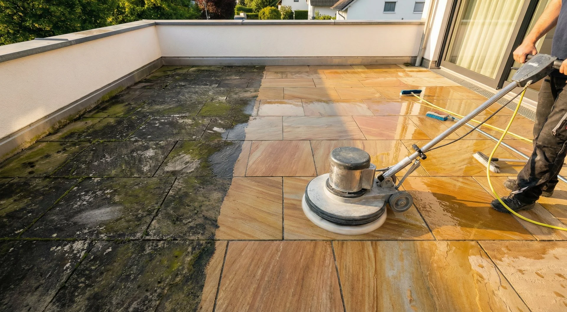 Professionelle Natursteinreinigung mit Einscheibenmaschine