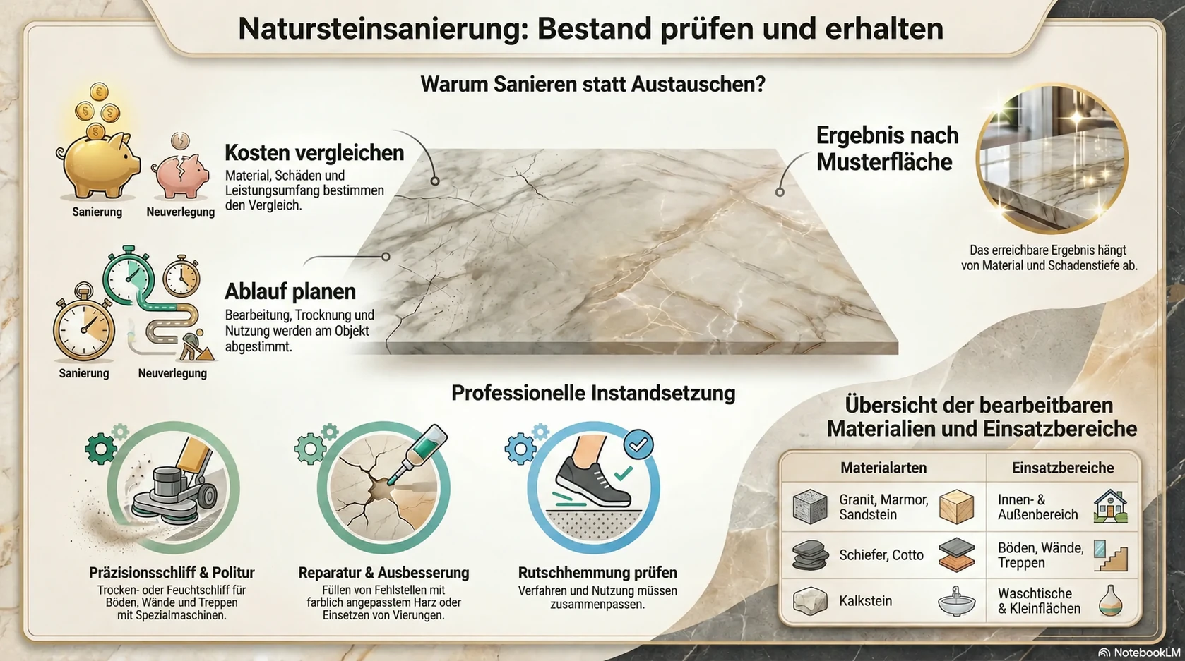 Infografik Natursteinsanierung: Objektbezogener Kostenvergleich, Präzisionsschliff und Politur, Reparatur und Ausbesserung, optimale Rutschsicherheit für Granit, Marmor, Sandstein, Schiefer, Cotto und Kalkstein